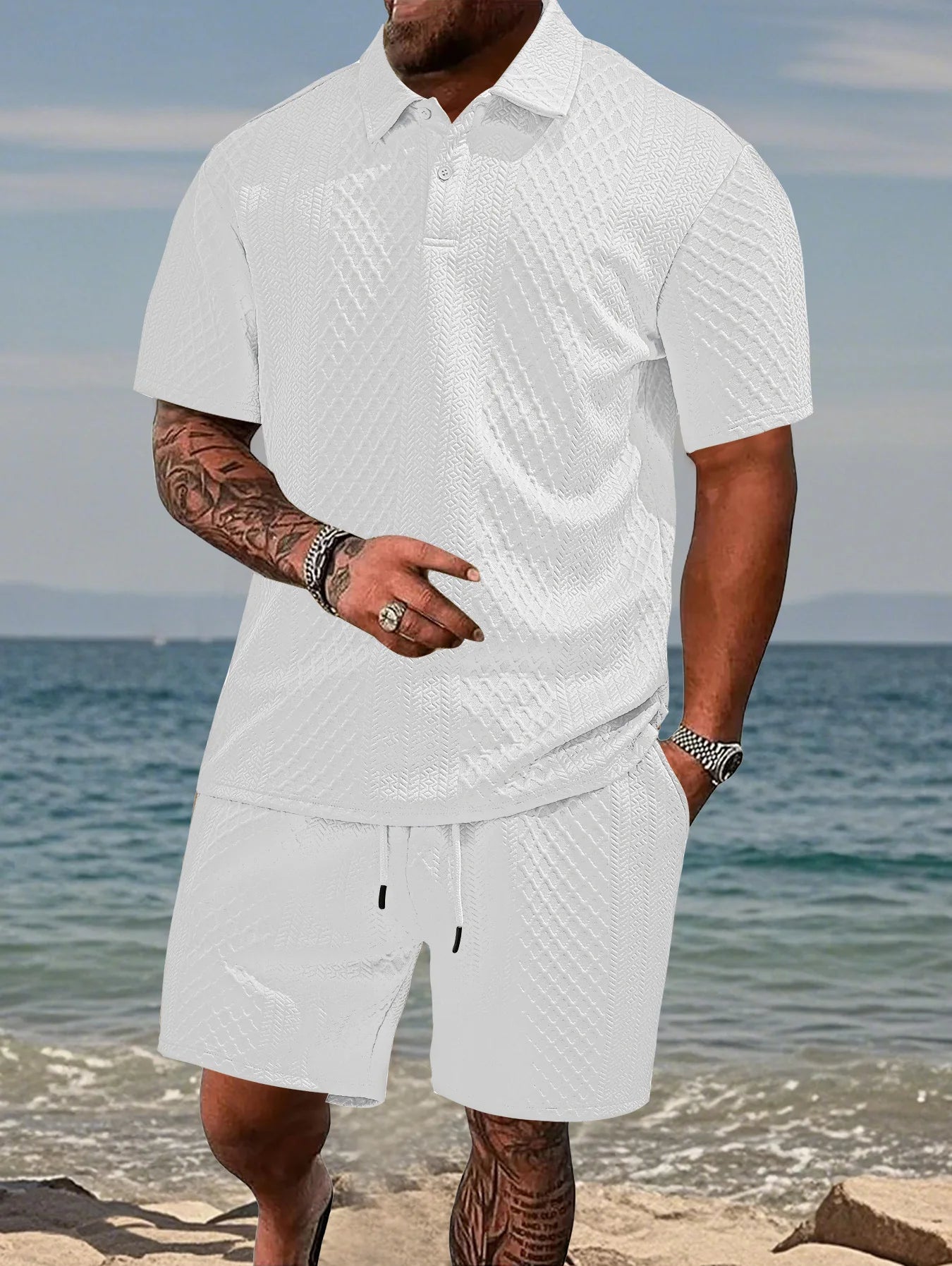 Thiago - Conjunto Polo Jacquard Hombre – Camisa Solapa y Pantalón Corto Verano