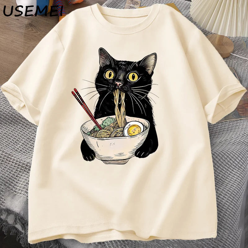 Lucas - Camiseta Gato Ramen – Diseño Retro Casual para Hombre y Mujer
