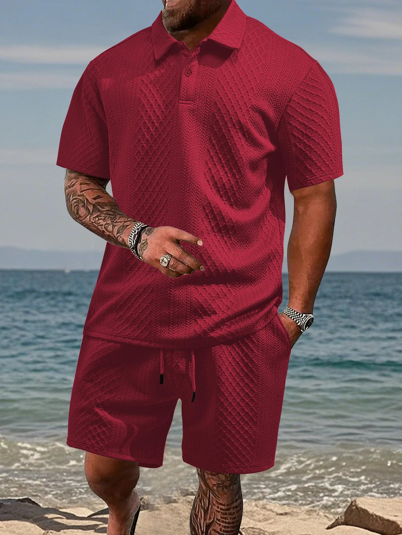 Thiago - Conjunto Polo Jacquard Hombre – Camisa Solapa y Pantalón Corto Verano