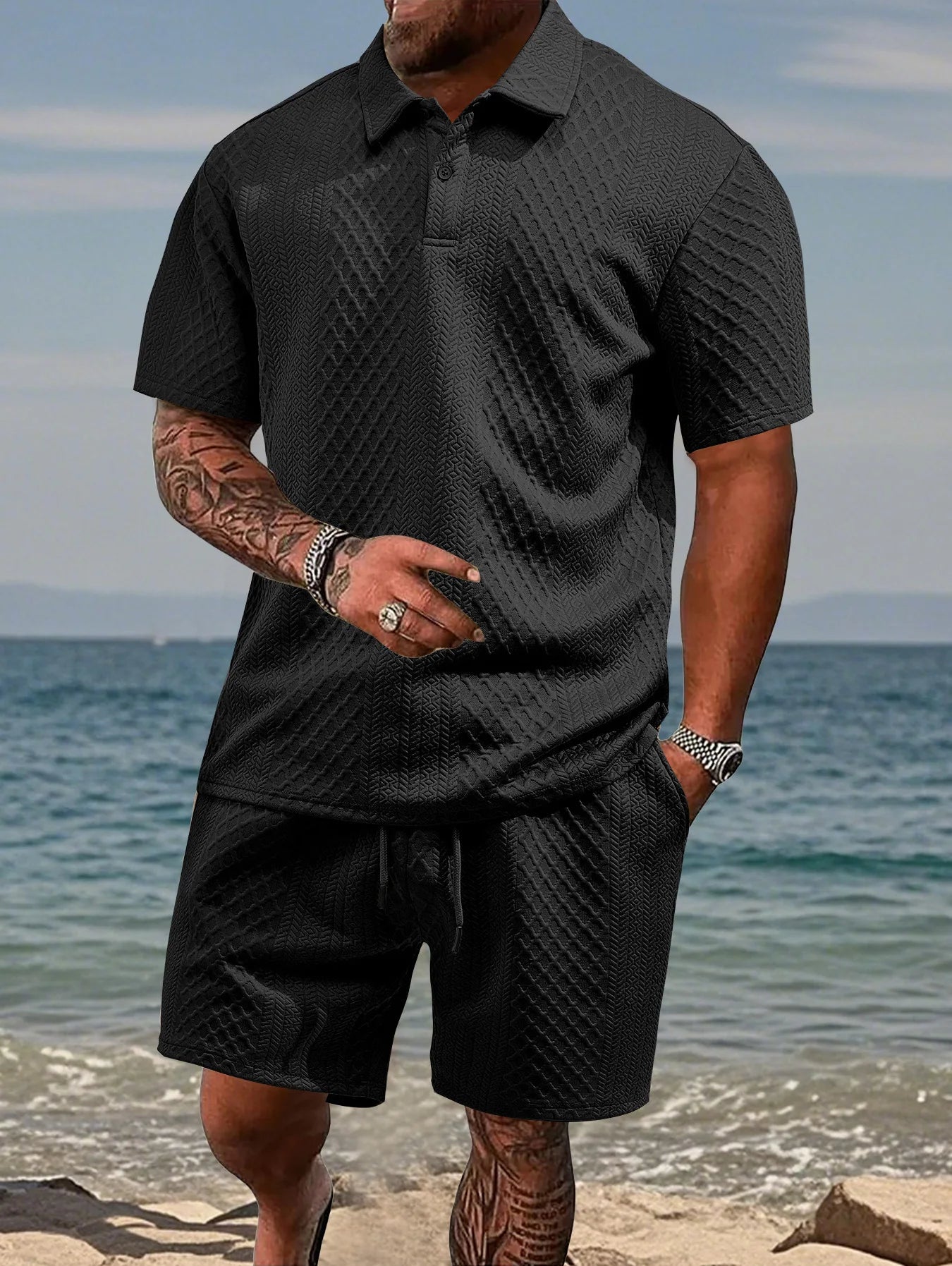 Thiago - Conjunto Polo Jacquard Hombre – Camisa Solapa y Pantalón Corto Verano