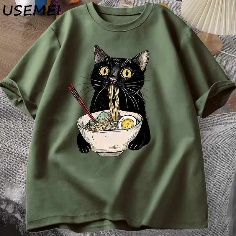 Lucas - Camiseta Gato Ramen – Diseño Retro Casual para Hombre y Mujer