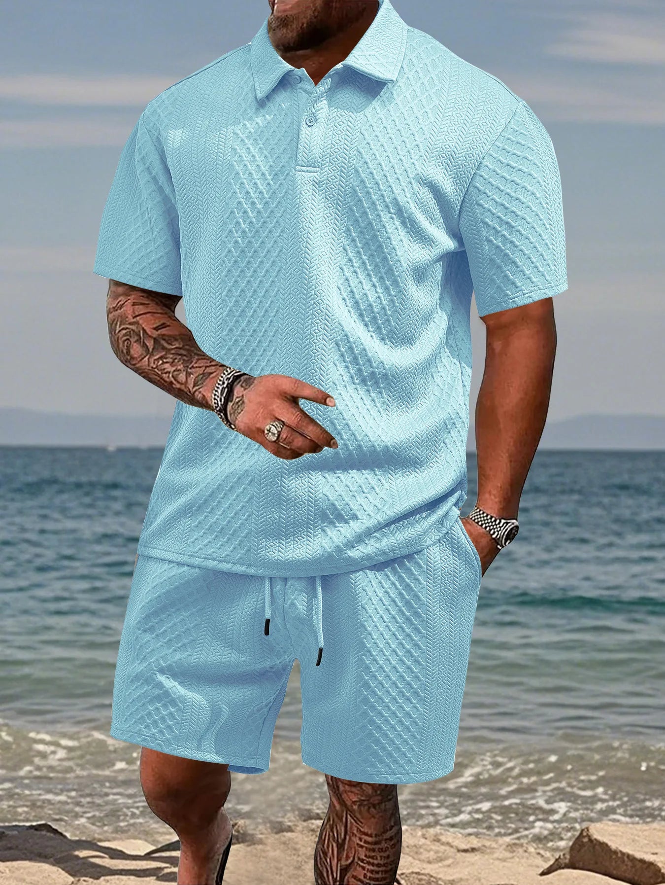 Thiago - Conjunto Polo Jacquard Hombre – Camisa Solapa y Pantalón Corto Verano